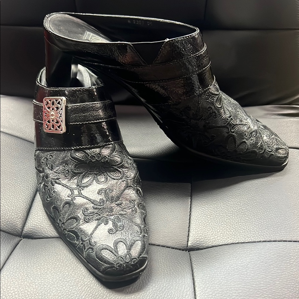 Brighton Black Embroidered Leather Heeled Mules